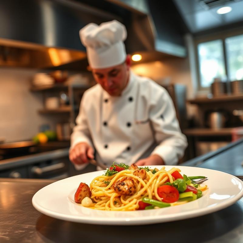 Le chef qui dresse un plat en cuisine